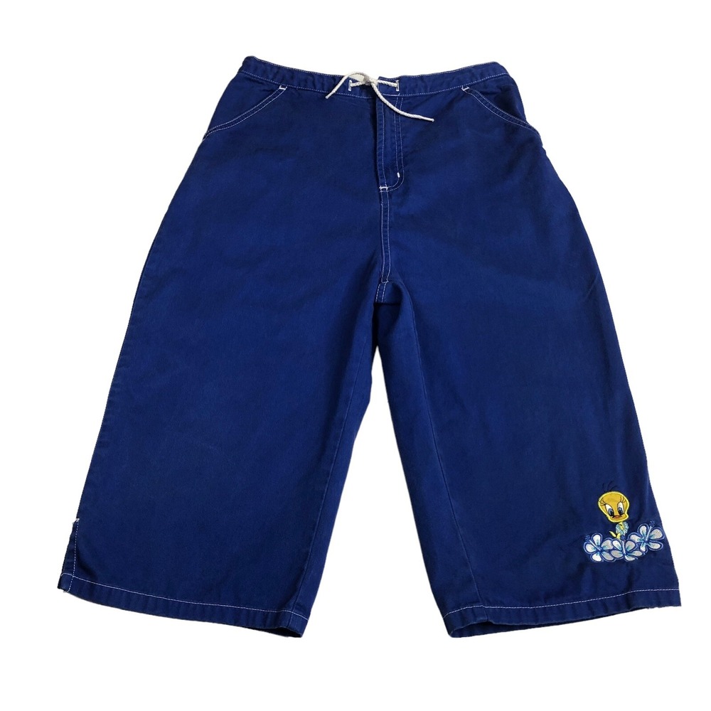 Vintage Y2K Looney Tunes Tweety Bird Bermuda Shorts Girls XL Blue Embroidered